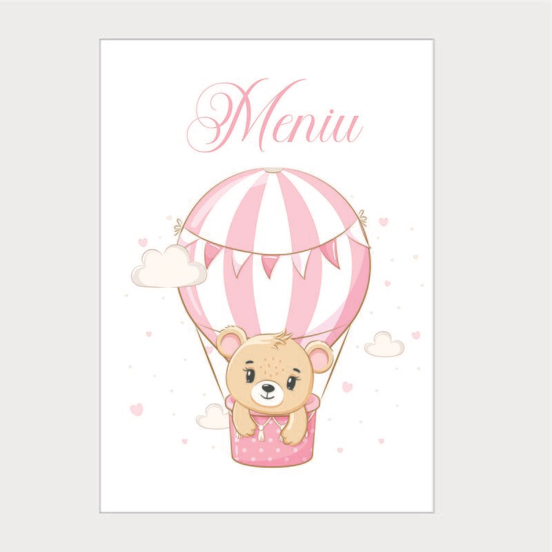 Meniu Botez Tip Carte – Model 6 Ursuleț în Balon Roz