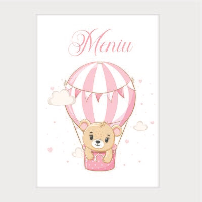Meniu Botez Tip Carte – Model 6 Ursuleț în Balon Roz