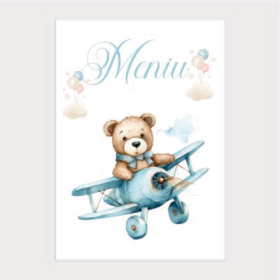 Meniu Botez Tip Carte – Model 4 Ursuleț Aviator Albastru