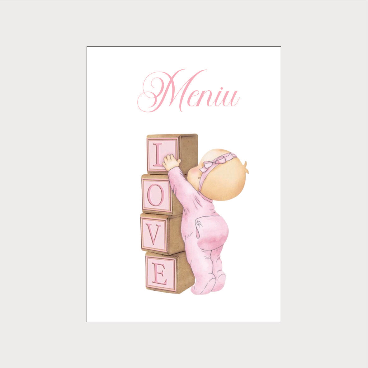 Meniu Botez Tip Carte – Model 5 Bebelușă cu Cuburi LOVE