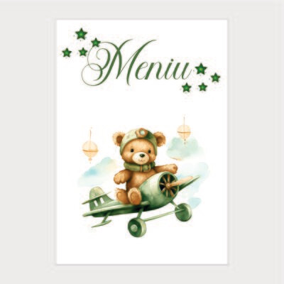 Meniu Botez Tip Carte – Model 7 Ursuleț Aviator