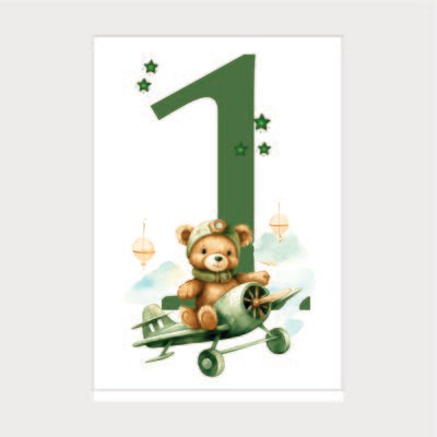 Numere de masă A5 pentru botez – model Ursuleț aviator verde
