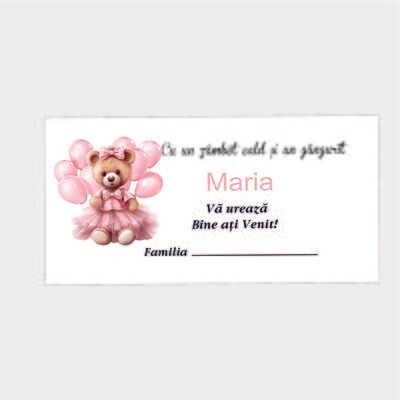 Plic Botez Cartonat – Model 123 Ursuleț cu Rochiță și Baloane Roz