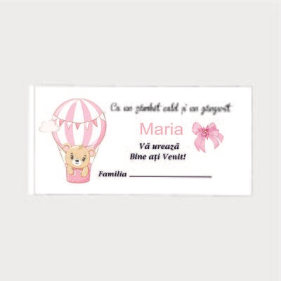 Plic Botez Cartonat – Model 124 Ursuleț în Balon Roz