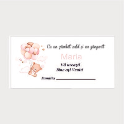 Plic Botez Cartonat – Model 132 Ursuleț cu Baloane Roz