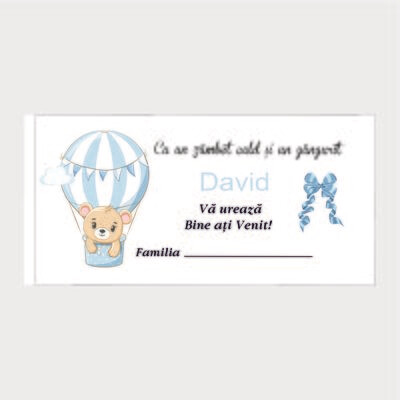 Plic Botez Cartonat – Model 127 Ursuleț în Balon Albastru