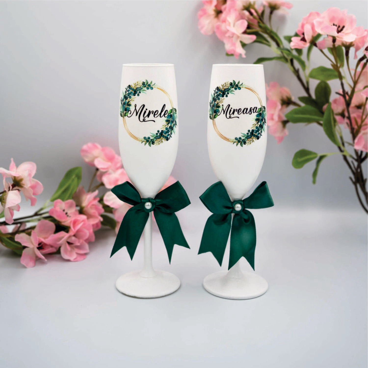 Set Pahare de Șampanie pentru Nuntă cu Frame Verde - Set Elegant Mire și Mireasă, 2 buc.