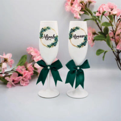 Set Pahare de Șampanie pentru Nuntă cu Frame Verde - Set Elegant Mire și Mireasă, 2 buc.