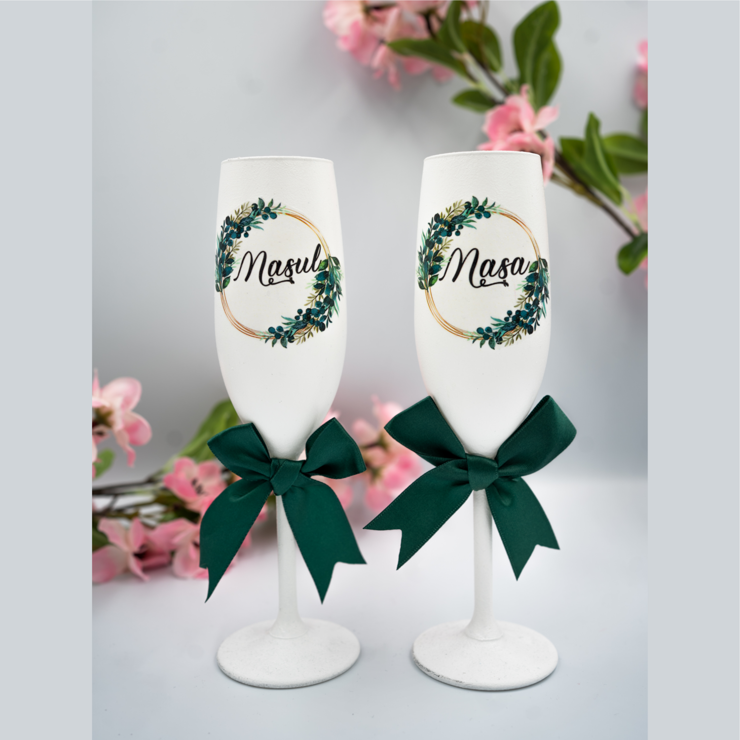 Pahare de Nuntă pentru Nași cu Design „Frame Verde” - Eleganță și  Unicitate
