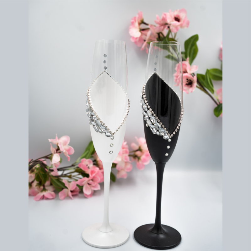 Set Pahare Nuntă „Black and White Cristal” - 250 ml, 2 Bucăți