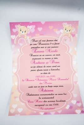 Invitație Botez Fetiță – Model Ursuleț Roz | Carton Mat 250g | Personalizată