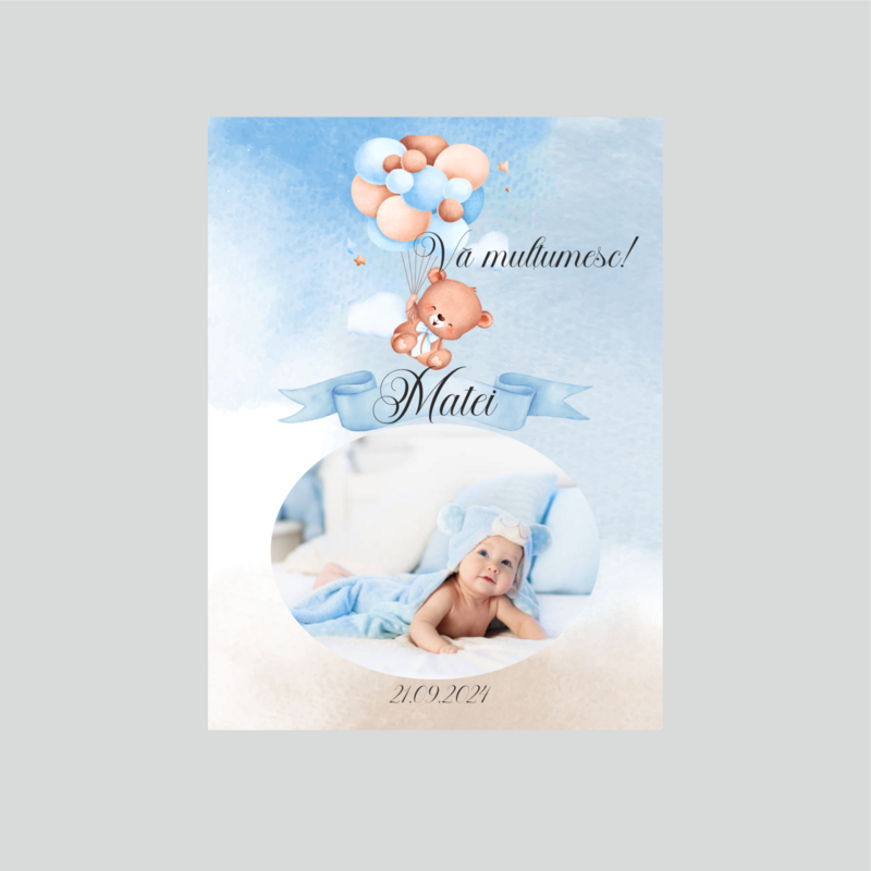 Magnet Mărturie Botez Băiețel „Bear” – Personalizat cu Poză, Nume și Dată