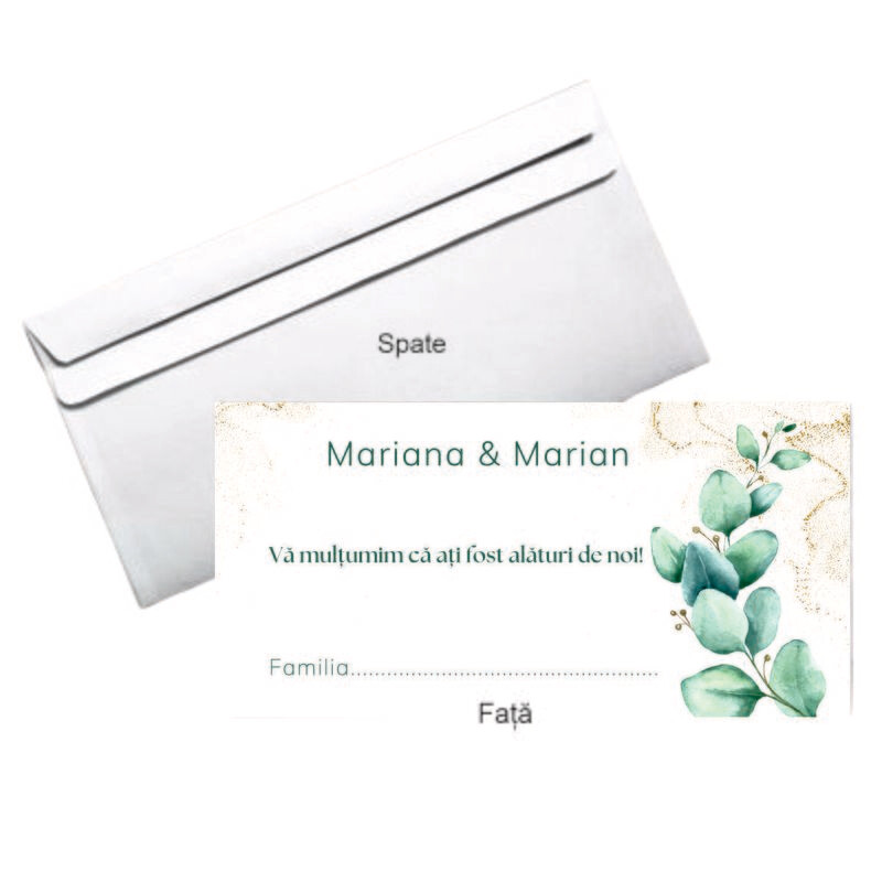 Plic bani nuntă personalizat – Model cu frunze verzi și detalii vintage – hârtie 80g, format DL