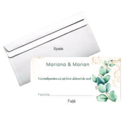 Plic bani nuntă personalizat – Model cu frunze verzi și detalii vintage – hârtie 80g, format DL