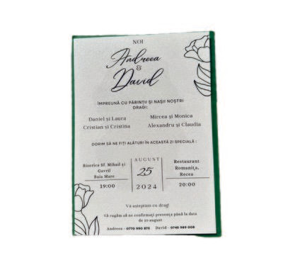 Invitație nuntă elegantă pe carton sidefat ivory cu plic verde cartonat – design floral minimalist - 10x15