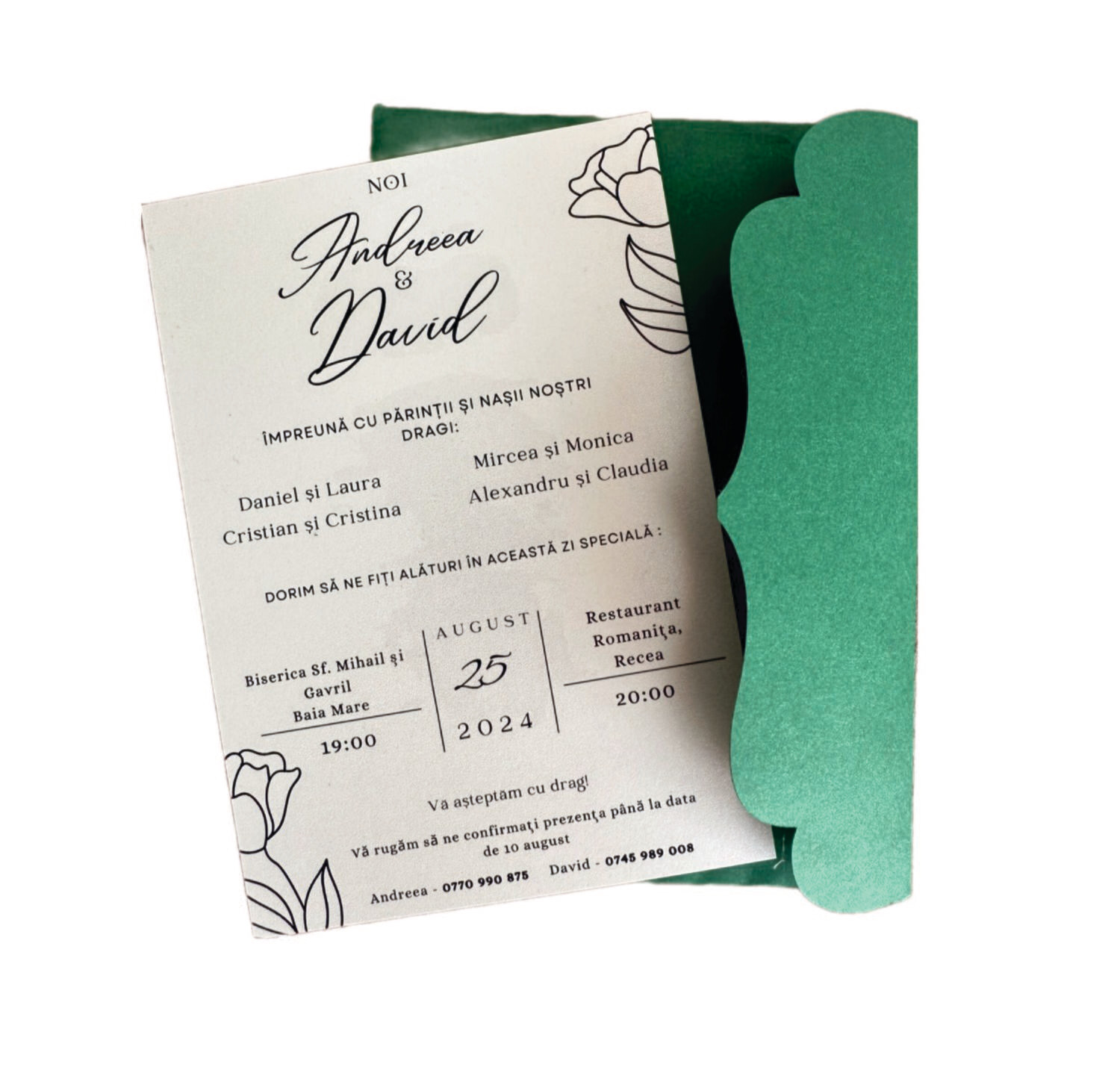 Invitație nuntă elegantă pe carton sidefat ivory cu plic verde cartonat – design floral minimalist - 10x15