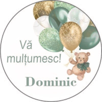 Etichetă Mărturie Botez Rotundă – Ursuleț și Baloane Verde-Auriu