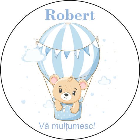 Etichetă Mărturie Botez Rotundă – Model 5 Ursuleț în Balon