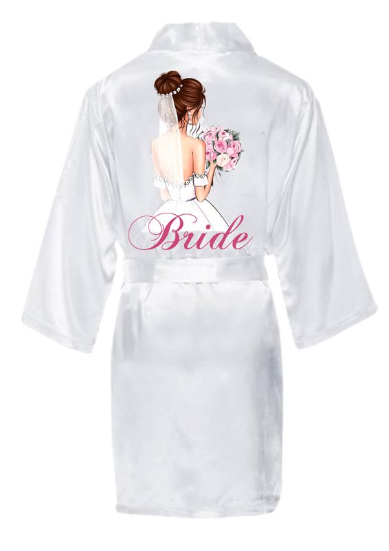 Halat mireasă Model 23 „Bride” – poliester satinat, inscripție roz, mărime universală