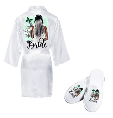 Set halat și papuci – Model 4 „Bride”, design verde – poliester, eleganță naturală pentru mireasă