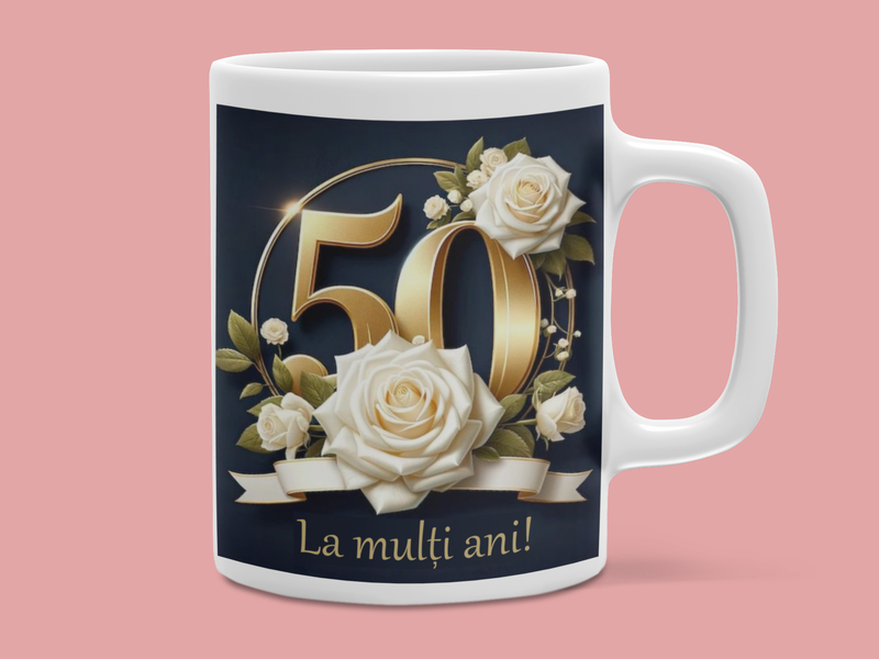 Cană „La mulți ani – 50” – Cadou aniversar elegant și plin de veselie