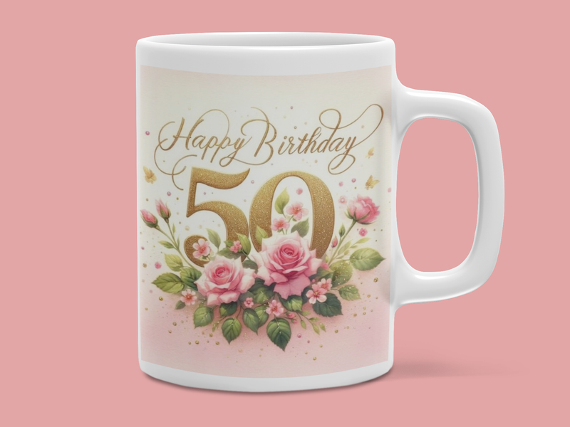 Cană „Happy Birthday – 50” – Cadou aniversar festiv pentru o vârstă de sărbătorit