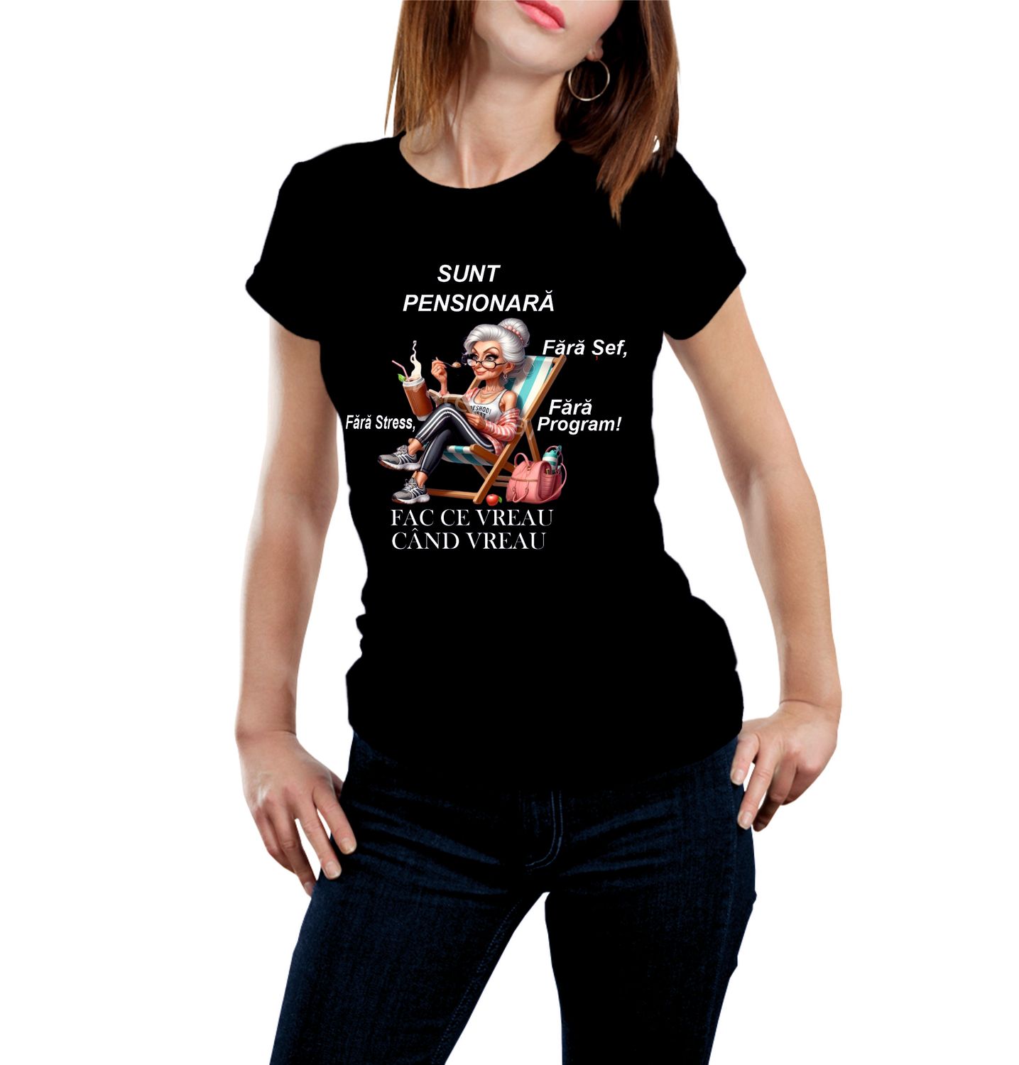 Tricou damă negru – „Sunt pensionară. Fără stres, fără șef, fără program!” – bumbac 100%