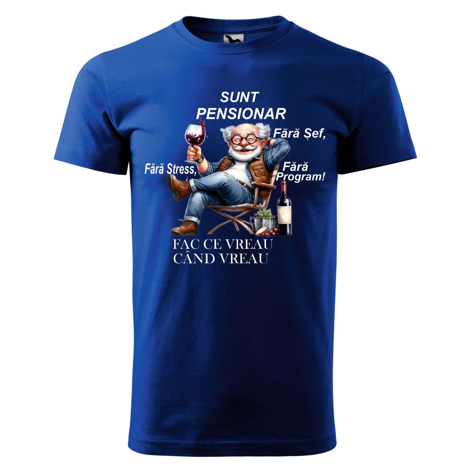 Tricou bărbat Royal Blue – „Sunt pensionar. Fără stres, fără șef, fără program!” – bumbac 100%