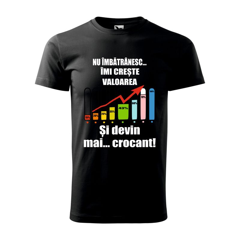Tricou bărbat negru – „Nu îmbătrânesc... îmi crește valoarea” – grafic colorat, bumbac 100%