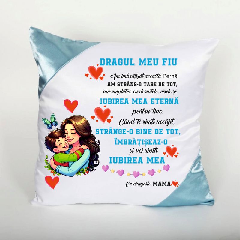 Pernă personalizată „Dragul meu fiu” –  colțuri albastre
