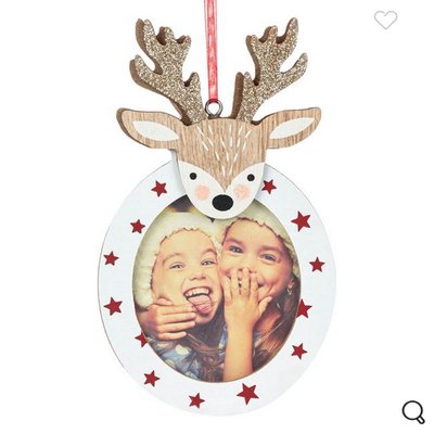Ornament pentru brad din lemn cu ren si poza ta preferata