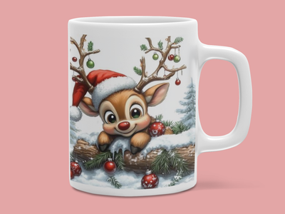 Cana cu ren micuț, globuri în coarne și peisaj de iarnă – Cadou adorabil și festiv pentru Craciun 