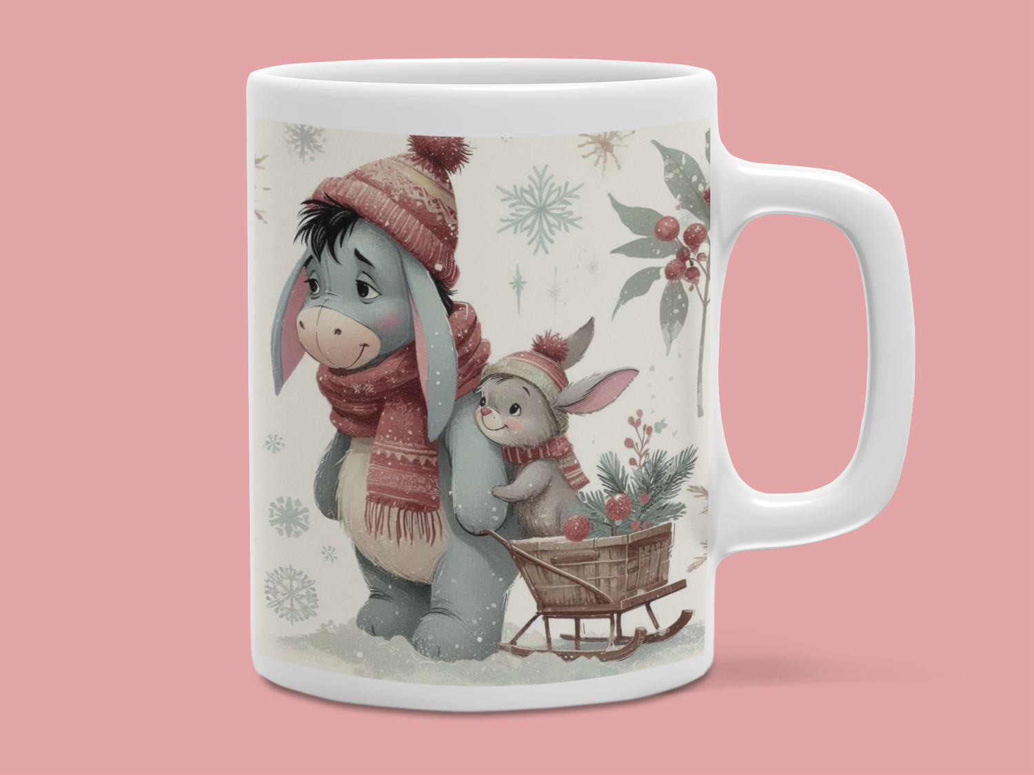 Cană cu Eeyore și iepuraș – Tematică de iarnă, pentru un Crăciun cu zâmbet și nostalgie