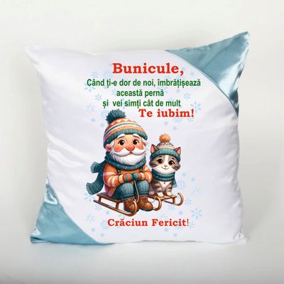 Pernă cu mesaj pentru Bunic – Crăciun Fericit! -  colțuri albastre
