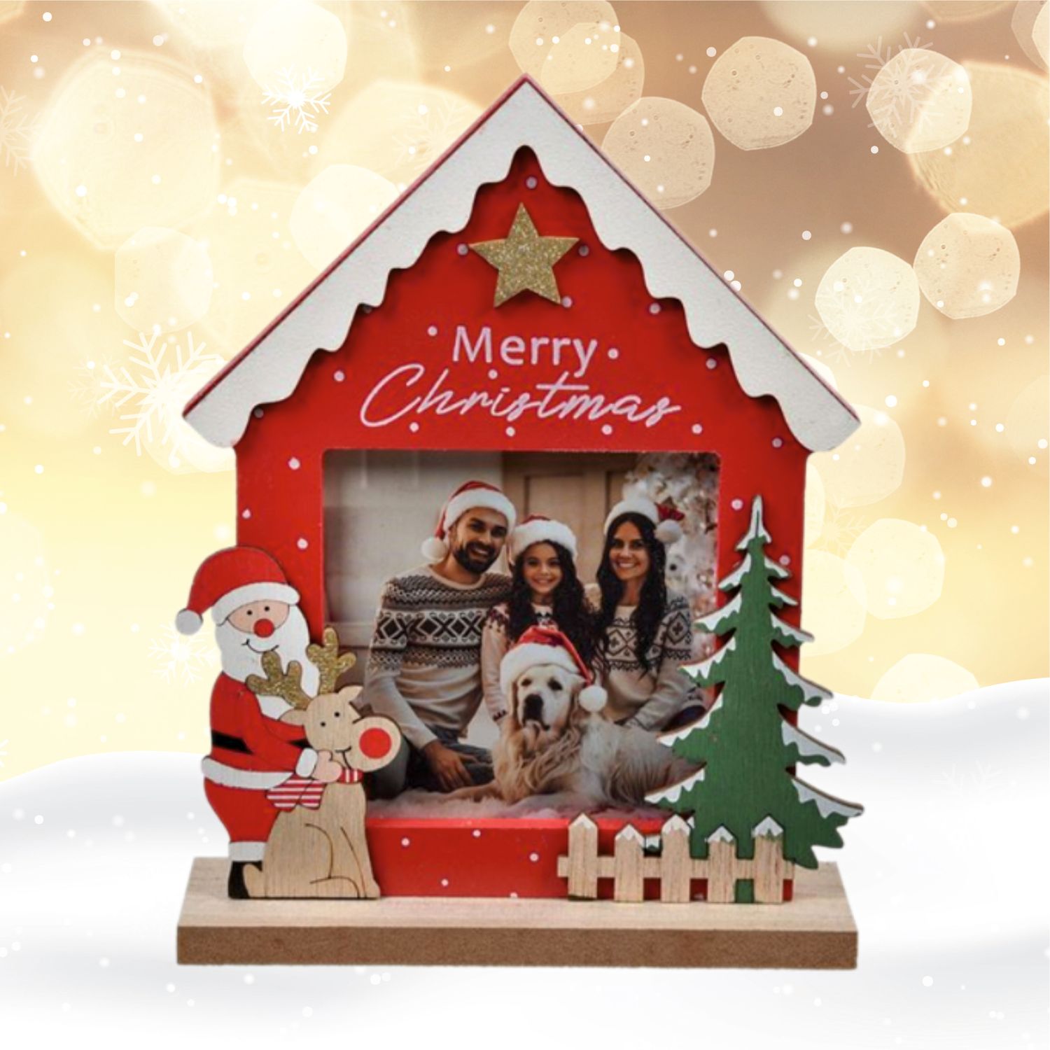 Rama Foto din Lemn cu Casa Rosie de Craciun &quot;Merry Christmas&quot; 15x19.5cm