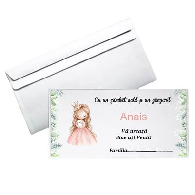 Plic Botez DL „Princess” – Fetiță cu Coroniță | Hârtie Albă 80g