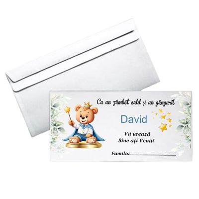 Plic Botez Personalizat – Model cu Ursuleț și Stele - DL - Hârtie Albă 80g