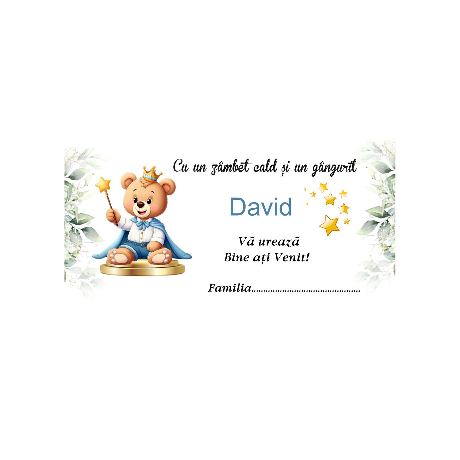 Plic Botez Cartonat Grizli – Ursuleț cu Coroană | Personalizat cu Nume
