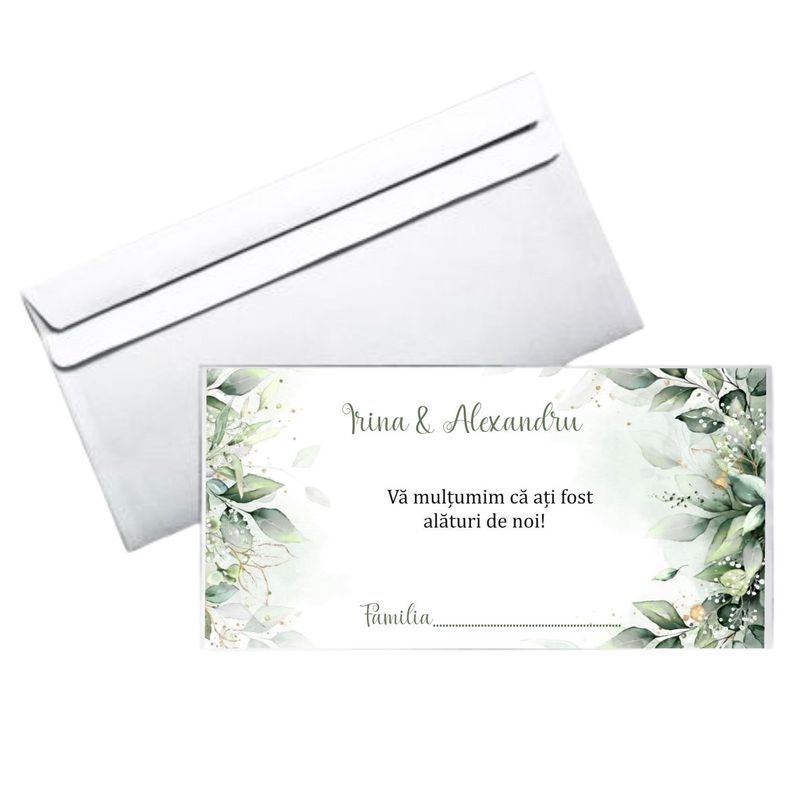 Plic bani nuntă personalizat „Greenys” – model vegetal verde pastel – hârtie 80g, format DL