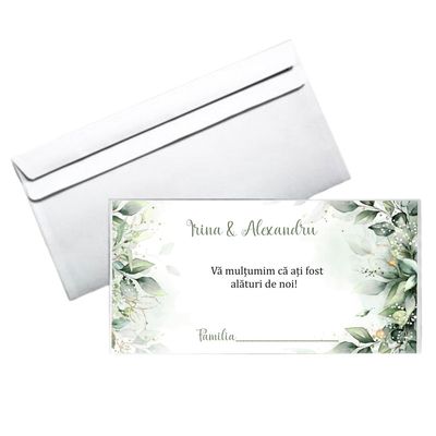 Plic bani nuntă personalizat „Greenys” – model vegetal verde pastel – hârtie 80g, format DL