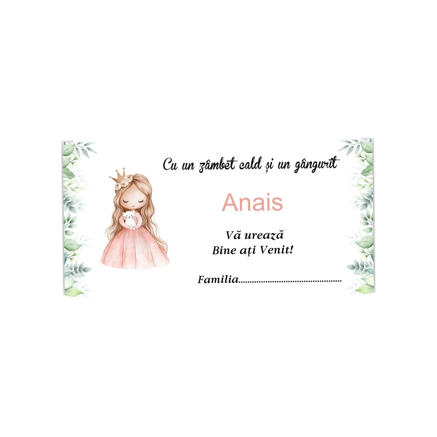 Plic Botez Cartonat „Princess” – Fetiță cu Coroniță