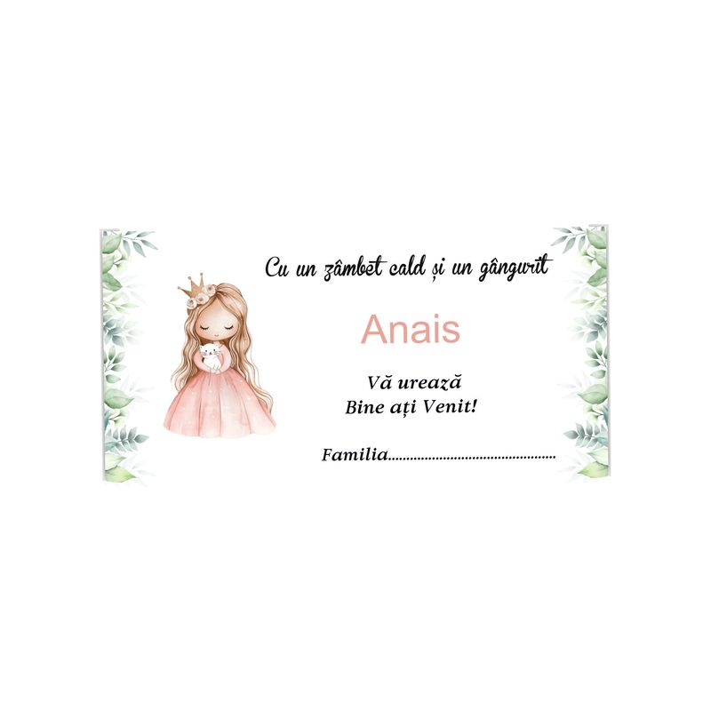 Plic Botez Cartonat „Princess” – Fetiță cu Coroniță