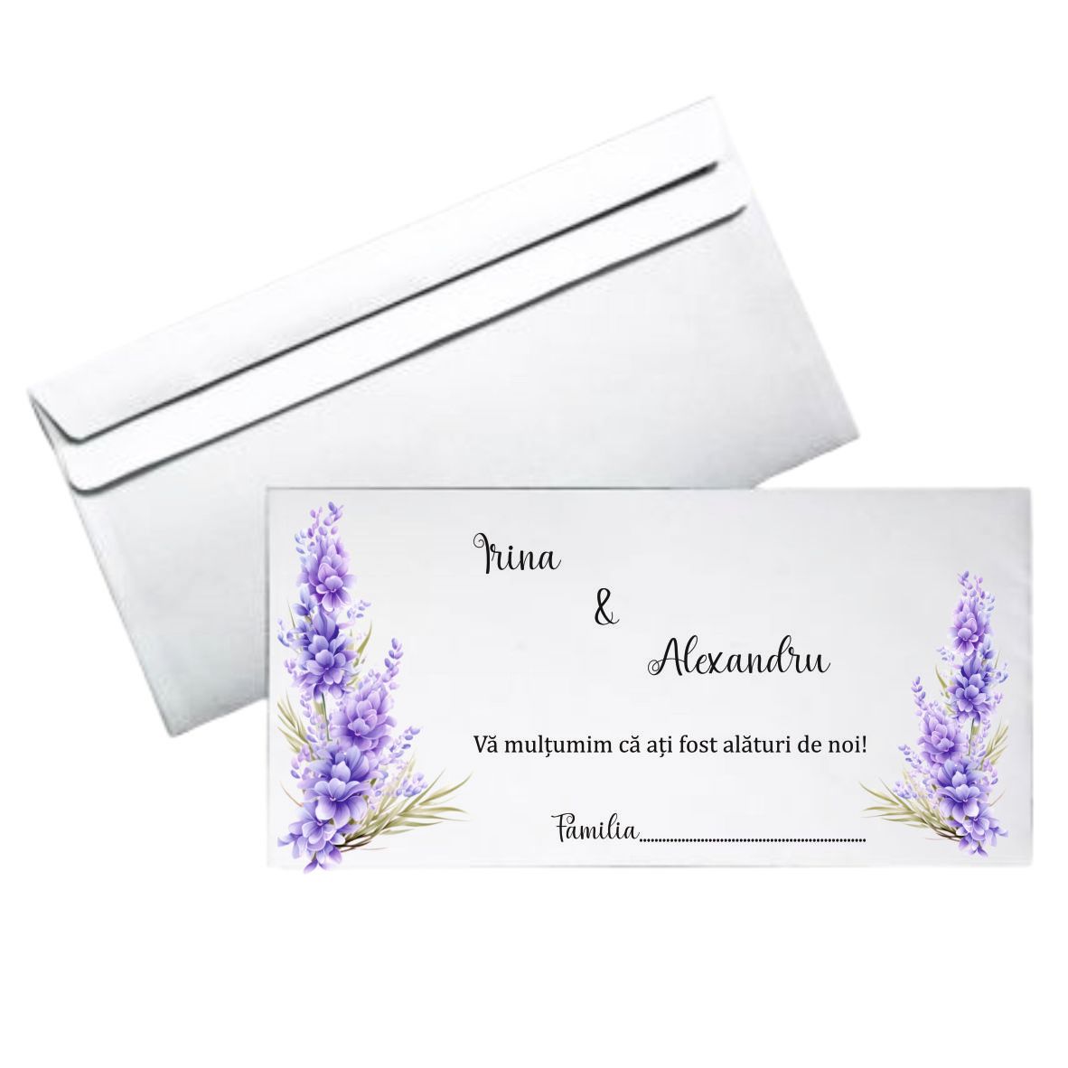 Plic bani nuntă personalizat – Model cu lavandă mov – hârtie 80g, format DL
