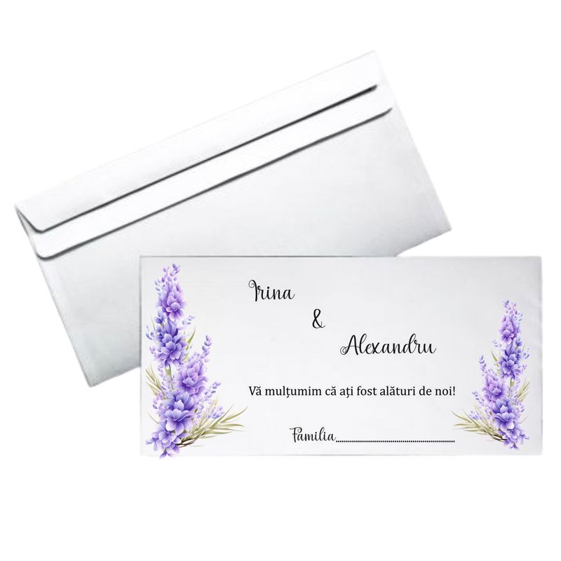 Plic bani nuntă personalizat – Model cu lavandă mov – hârtie 80g, format DL