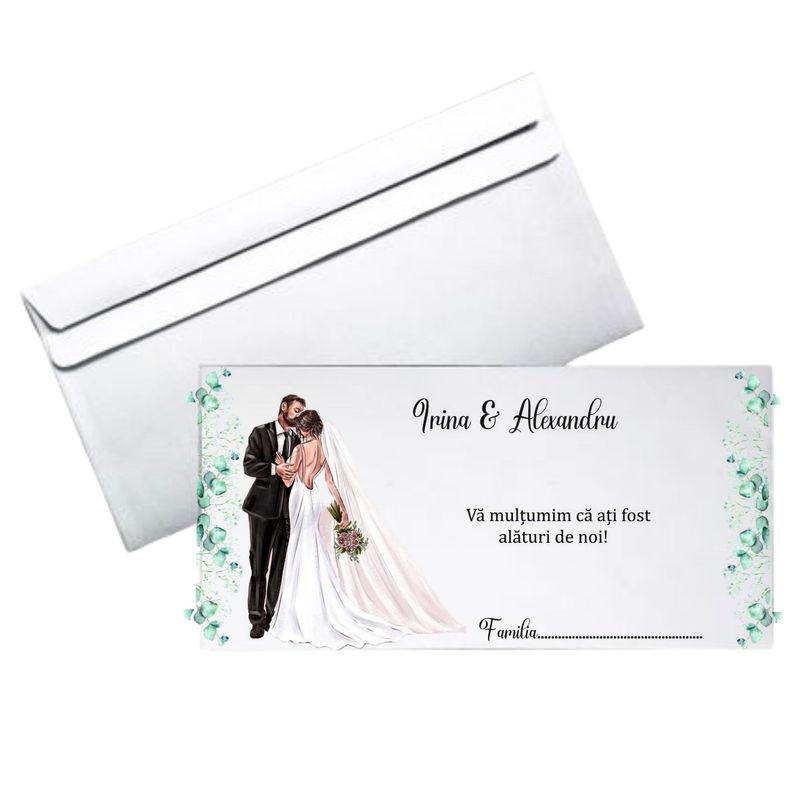 Plic bani nuntă personalizat – Model cu miri și flori verzi – hârtie 80g, format DL