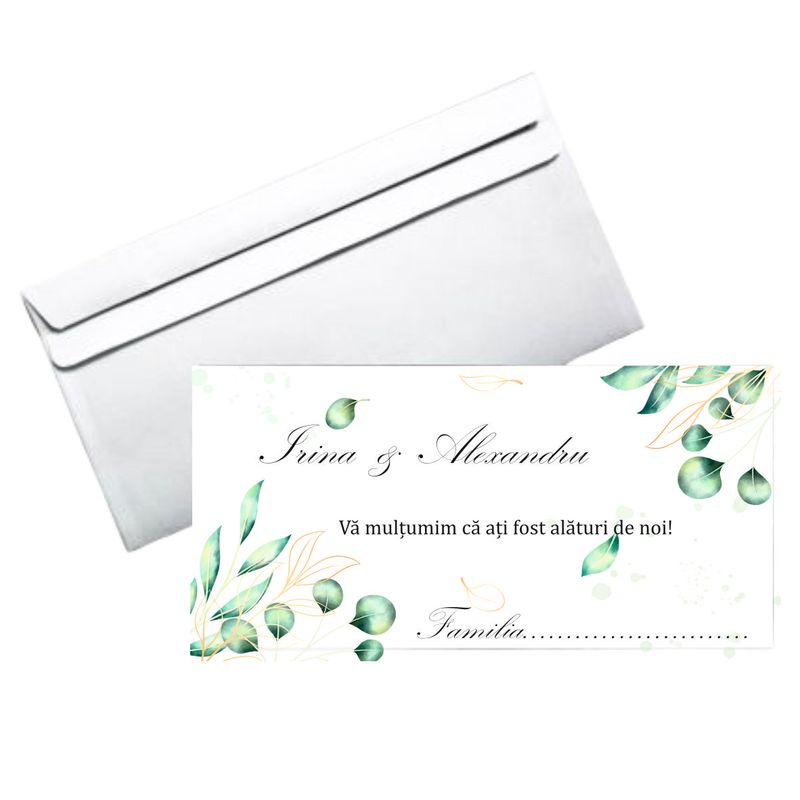 Plic bani nuntă personalizat „Olive” – design cu frunze verzi și accente aurii – hârtie 80g, format DL
