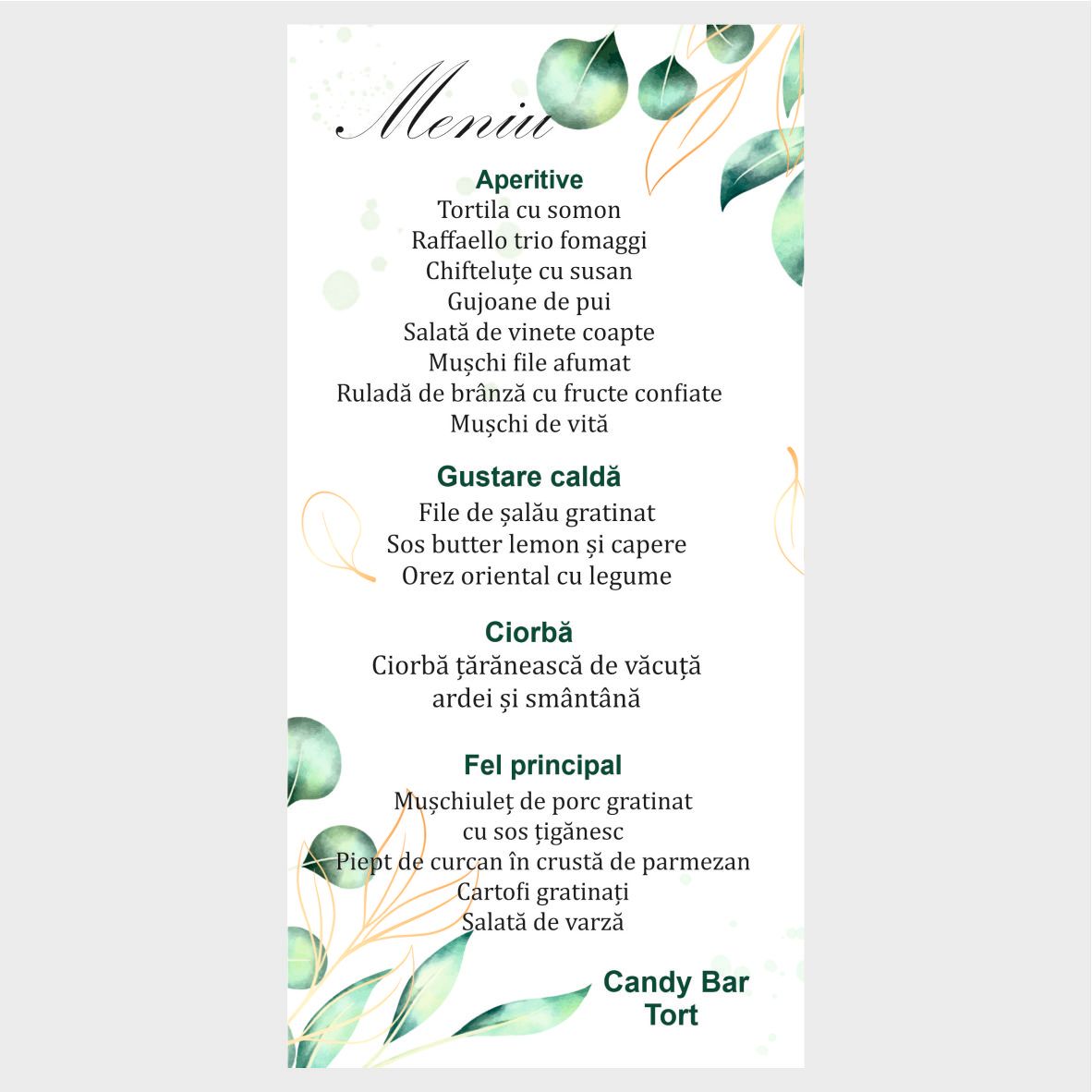 Meniu nuntă Olive – model cu frunze verzi
