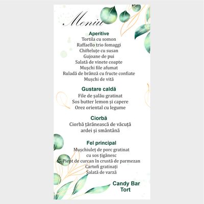Meniu nuntă Olive – model cu frunze verzi