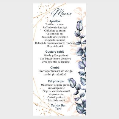 Meniu elegant nuntă/botez – model floral cu accente aurii - Olive blue