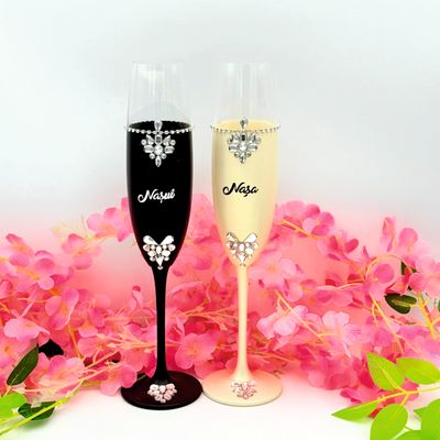 Set Pahare Nuntă pentru Nași – Negru &amp; Auriu cu Cristale